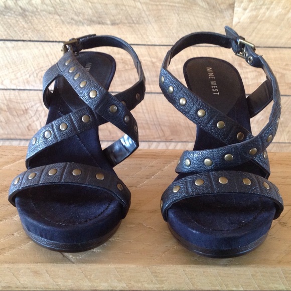 Moto Black Leather Strappy Sandal 6.5 Studded Heel - Picture 3 of 6
